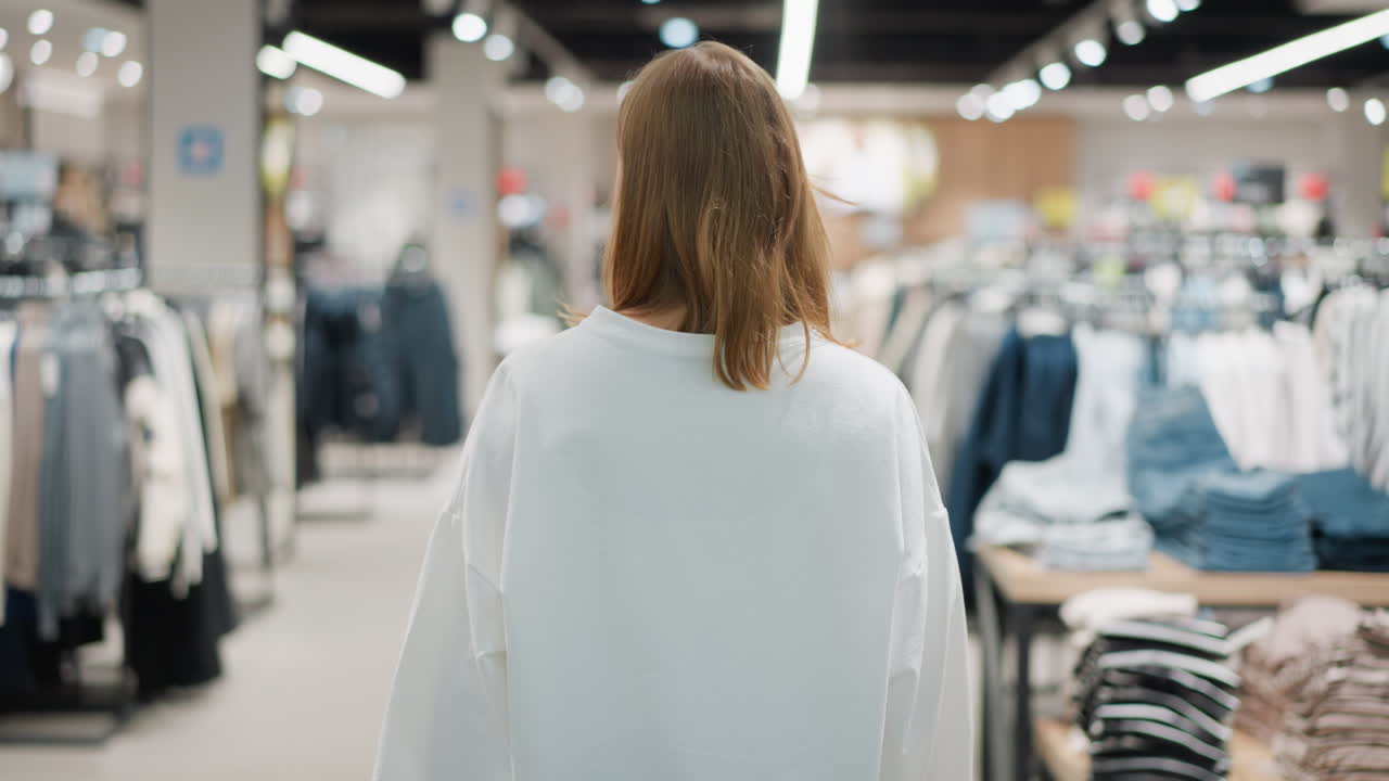 여성 쇼핑객은 잘 조명된 소매 환경을 걸어서 천 쇼핑몰에 들어갑니다. 끔하게 배열된 옷, 밝은 인테리어, 현대적인 상점 디자인을 특징으로합니다.