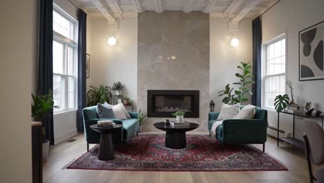 a serene home office setup featuring a stylish woman engaged in work, surrounded by elegant furnishings and lush indoor plants in a cozy living space