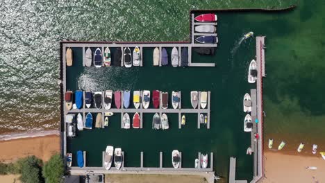 overhead shot of boats moored at marina by lake tahoe in usa