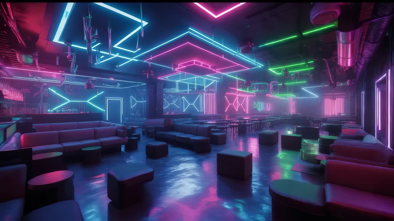 네온으로 조명된 미래의 클럽 인테리어