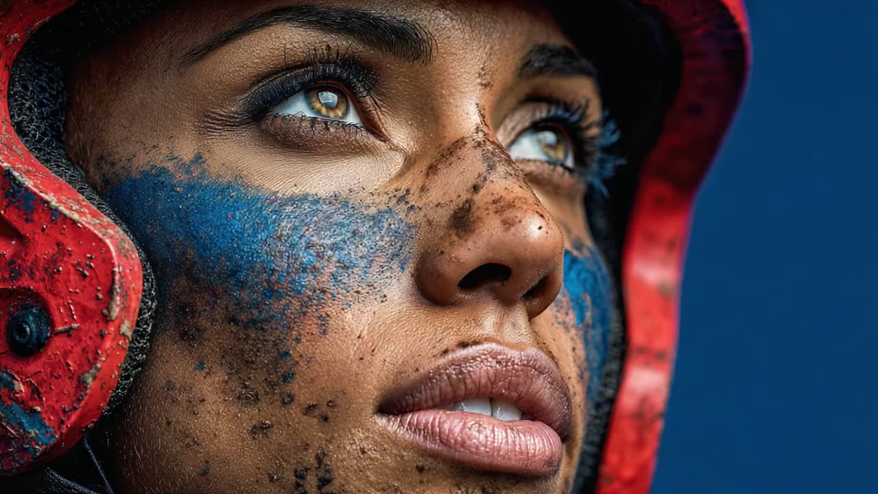 Nærbilde av en konkurrent med hjelm som viser besluttsomhet og styrke etter en intens utfordring, og fremhever deres motstandskraft og «grit» gjennom nærbilde fotografering