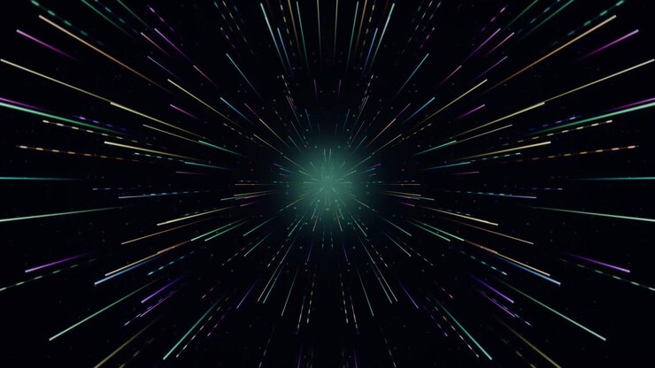 Colorful light streaks accelerate through a dark psychedelic warp tunnel in seamless loop.