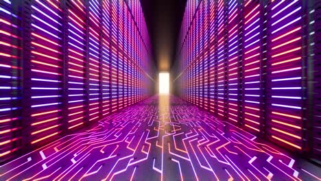 Datacenter-with-servers-network,-blockchain-network-database,-racks-and-stacks-with-neon-lights-creating-a-long-corridor,-3D-animation