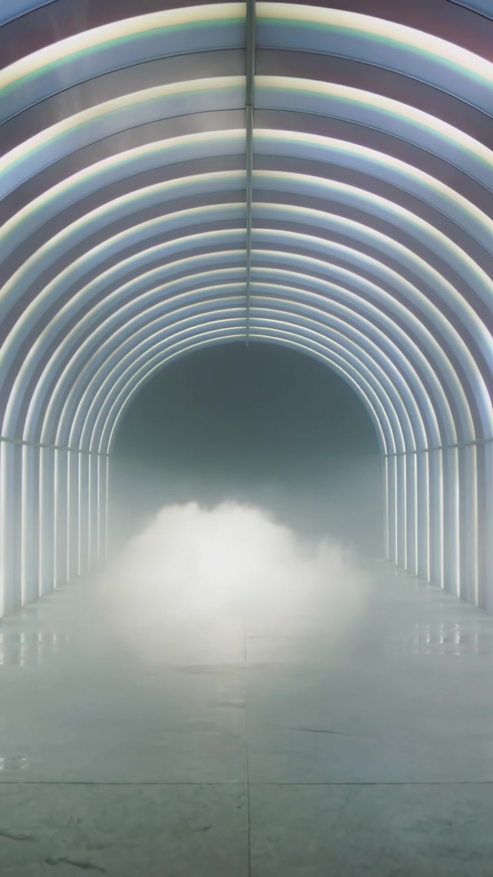 Vertikal video: En opstigende tågesøjle fra en udluftning bevæger sig langs LED-buer, der reflekterer en samling for effekt.