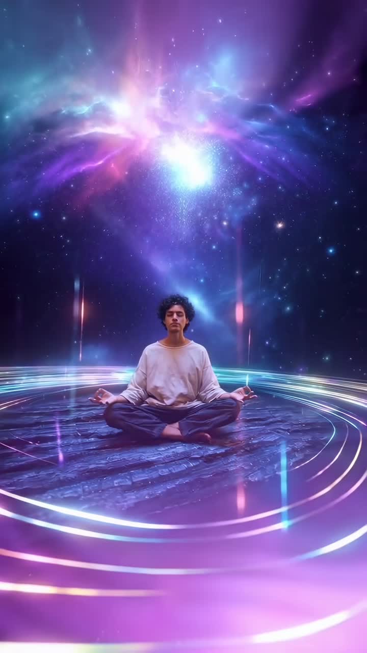 Un video a tema cosmico con una vista dal basso di una persona che medita tra luci vibranti.