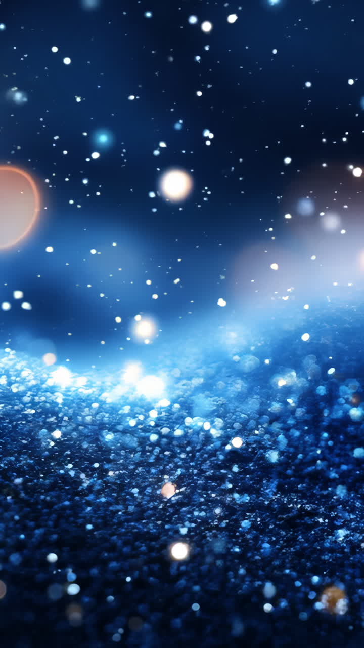 A blue sky with snow and bright lights. The snow is falling and the lights are shining on it Vertical video