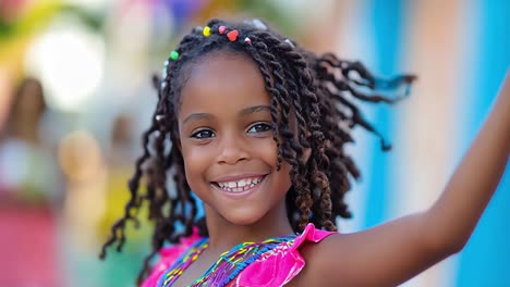 young girl with braided, beaded hair displaying joyful emotions through playful poses against vibrant, blurred background