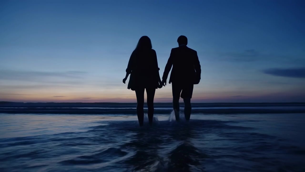 Two silhouetted figures move into shallow ocean water at dusk, creating small splashes and mirrored reflections across wet sand beneath soft pastel twilight sky, with calm shoreline and gentle