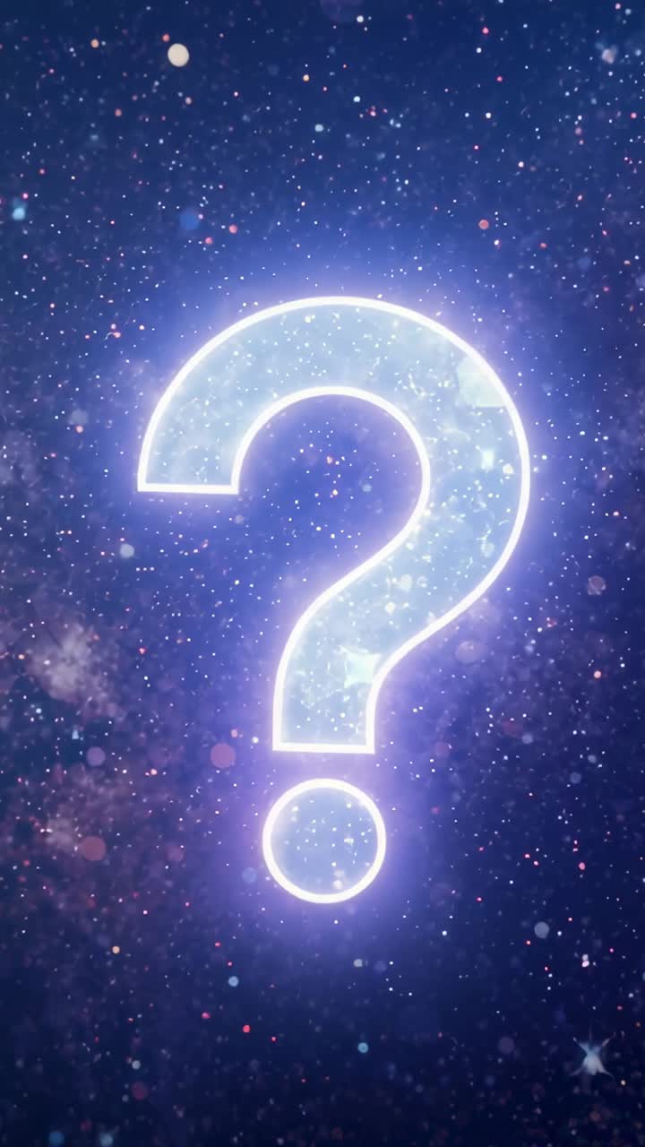 Vertical video: Pulsing neon question mark responding to pulse, shifting inner sparks across space