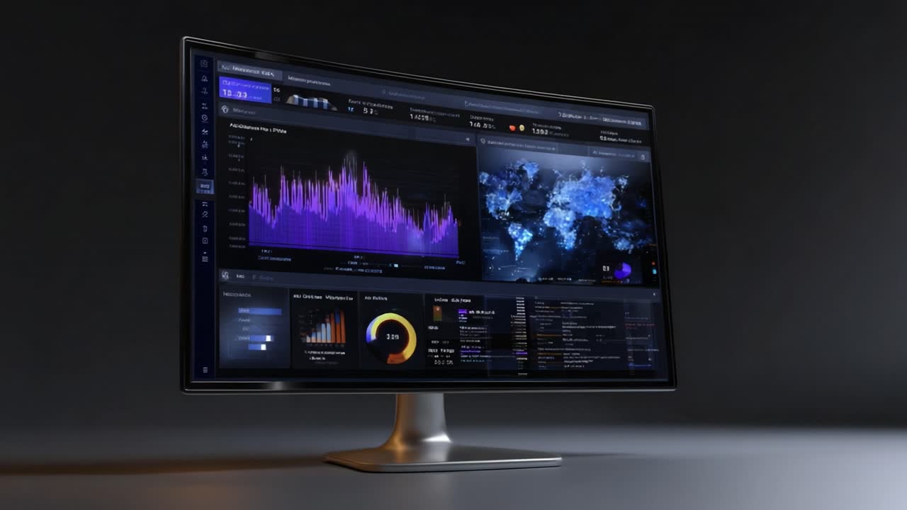 Modern monitor displays vibrant data dashboards with colorful graphs and world maps. Sleek design highlights professional tech environments. Ideal for business analytics or creative editing projects