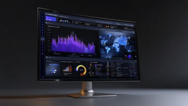 Modern monitor displays vibrant data dashboards with colorful graphs and world maps. Sleek design highlights professional tech environments. Ideal for business analytics or creative editing projects