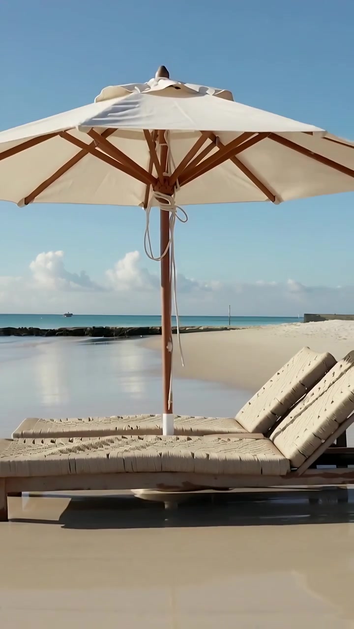 Vertical video: Pulling back camera revealing umbrella and loungers at shoreline, showcasing canopy