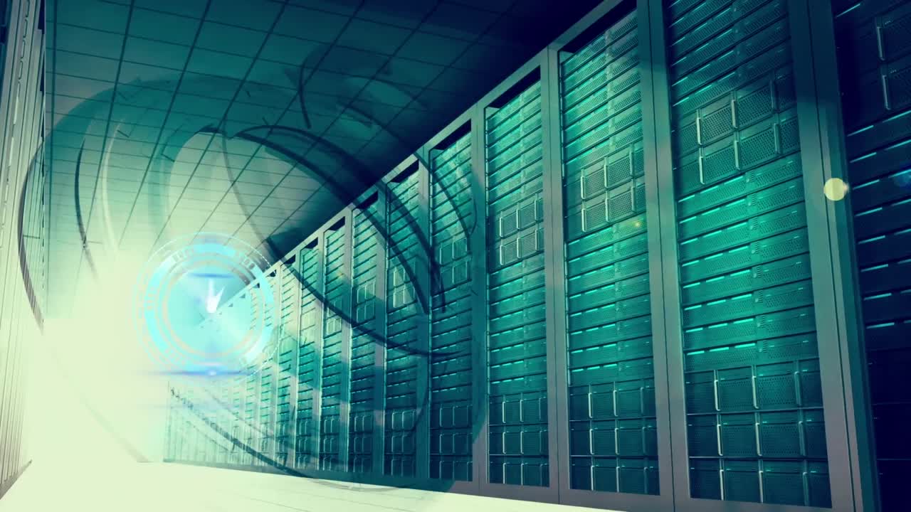 Animation of clock and spiral moving over server room