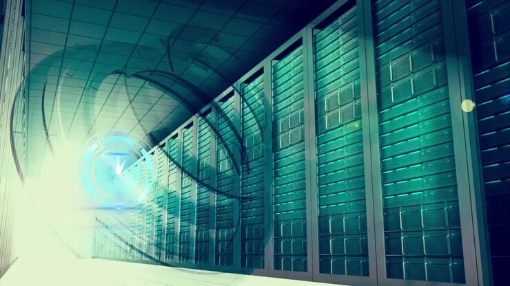 Animation of clock and spiral moving over server room