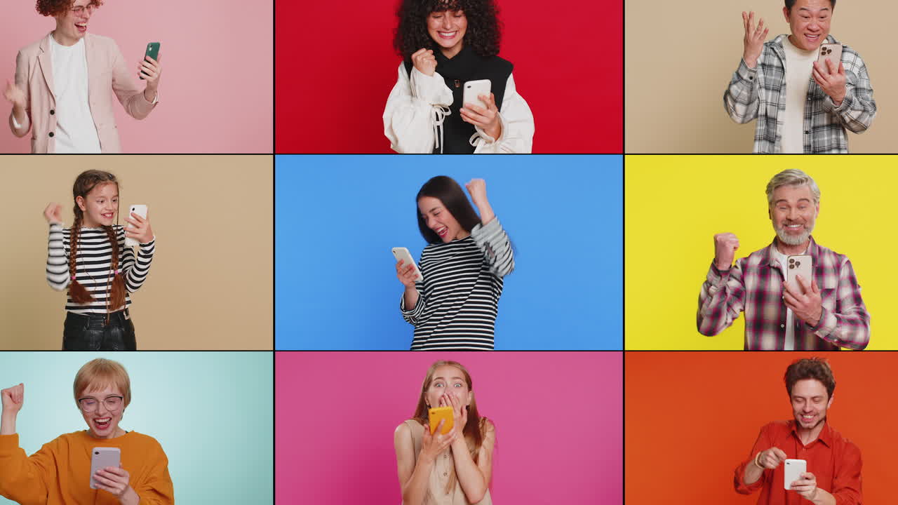 collage de personas sonrientes felices hombres mujeres usan teléfonos móviles celebrando ganar buenas noticias jugar un juego