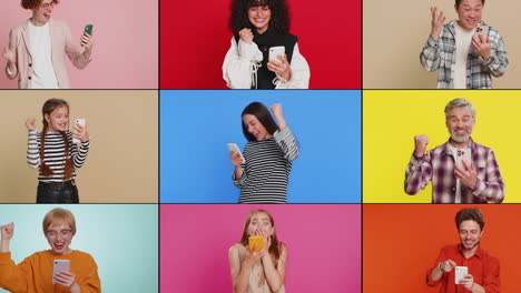 collage de personas sonrientes felices hombres mujeres usan teléfonos móviles celebrando ganar buenas noticias jugar un juego