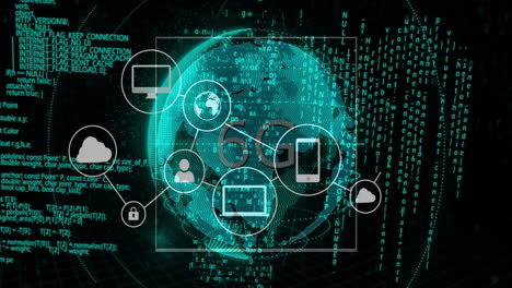 animation of connections with icons and digital data processing over globe