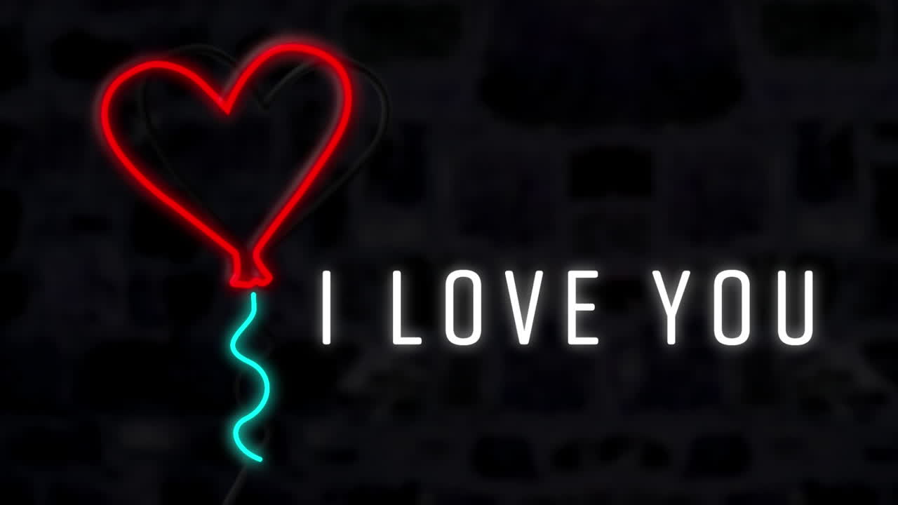 "i love you"와 "red neon heart balloon"라는 단어의 애니메이션이 검은색 바탕에  ⁇ 박이고 있습니다.