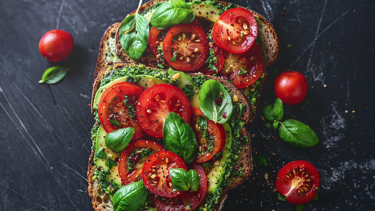Toast con avocado salutare con pomodori freschi e foglie di basilico