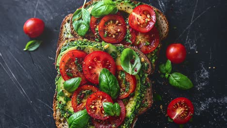 healthy avocado toast with fresh tomatoes and basil leaves