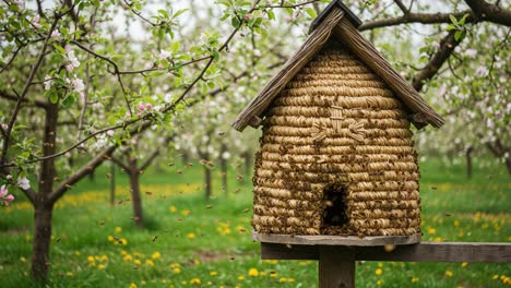 a beautifully crafted beehive nestled among blooming fruit trees in a vibrant orchard, highlighting nature's harmony and the importance of pollinators in ecosystems