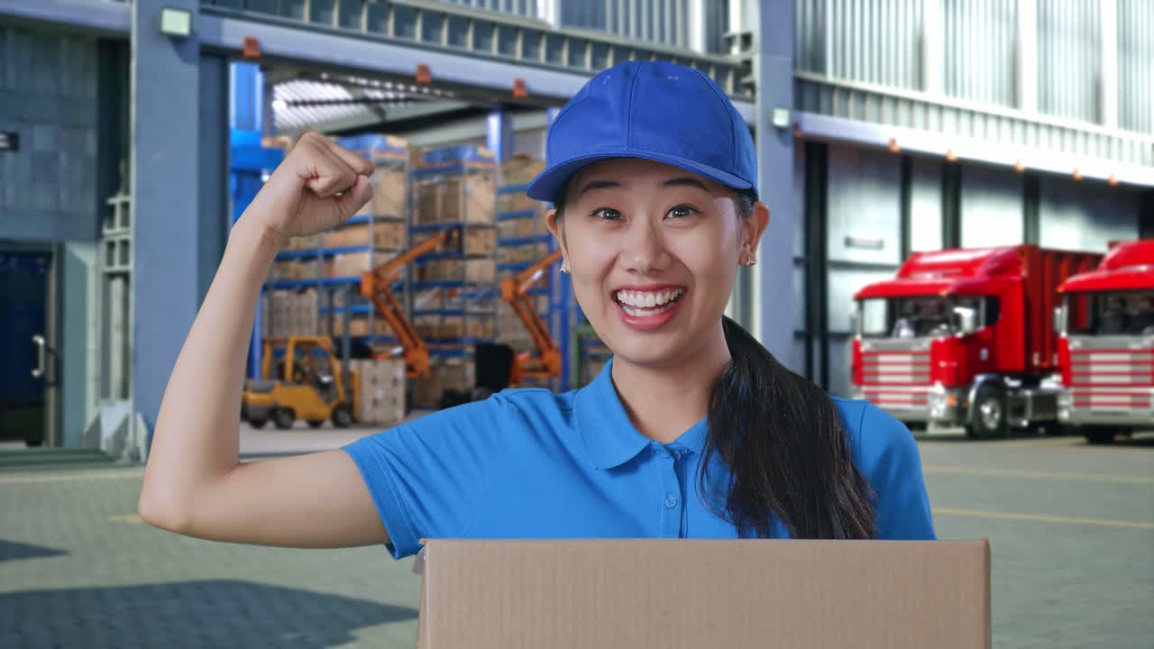 Close Up Of Asian Female Courier In Blue Uniform Smile And Flex Muscle While Delivering A Carton, Outside Warehouse