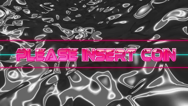 Animazione di 'inserire moneta' in uno spazio astratto digitale