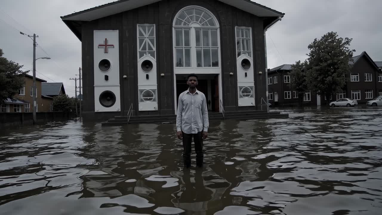Man stands in floodwaters in front of a church, showcasing the impact of rising water levels on urban environments and community resilience in challenging conditions