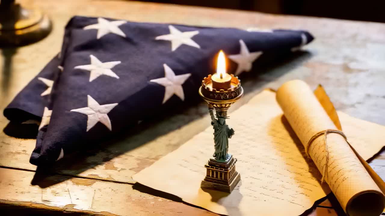 Flickering Liberty torch casting warm light on worn wood table, honoring folded US flag and scroll