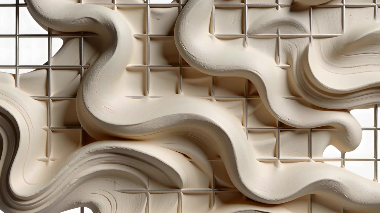 Playing back beige sculptural ribbons sliding over square grid, revealing denser interleaving
