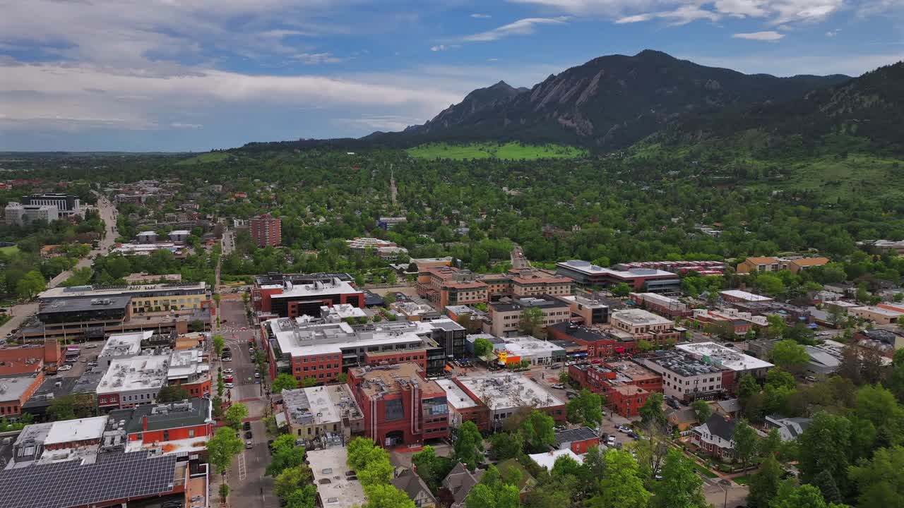 Pearl Street Mall Eben G Fine Boulder creek front range college town of University of Boulder Colorado Chautauqua Park Flatirons aerial drone summer spring Green mountain blue sky sunny circle right