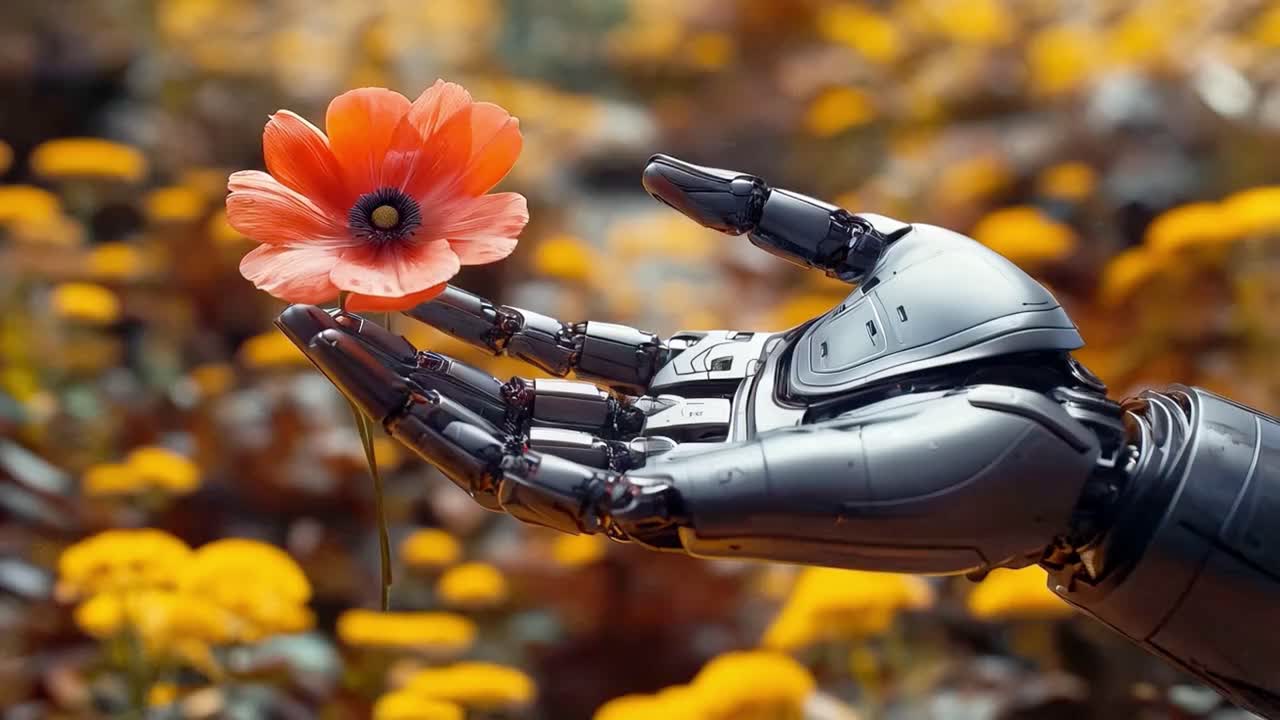 A robot hand holding a poppy in a field of yellow flowers