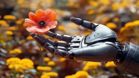 a robot hand holding a poppy in a field of yellow flowers