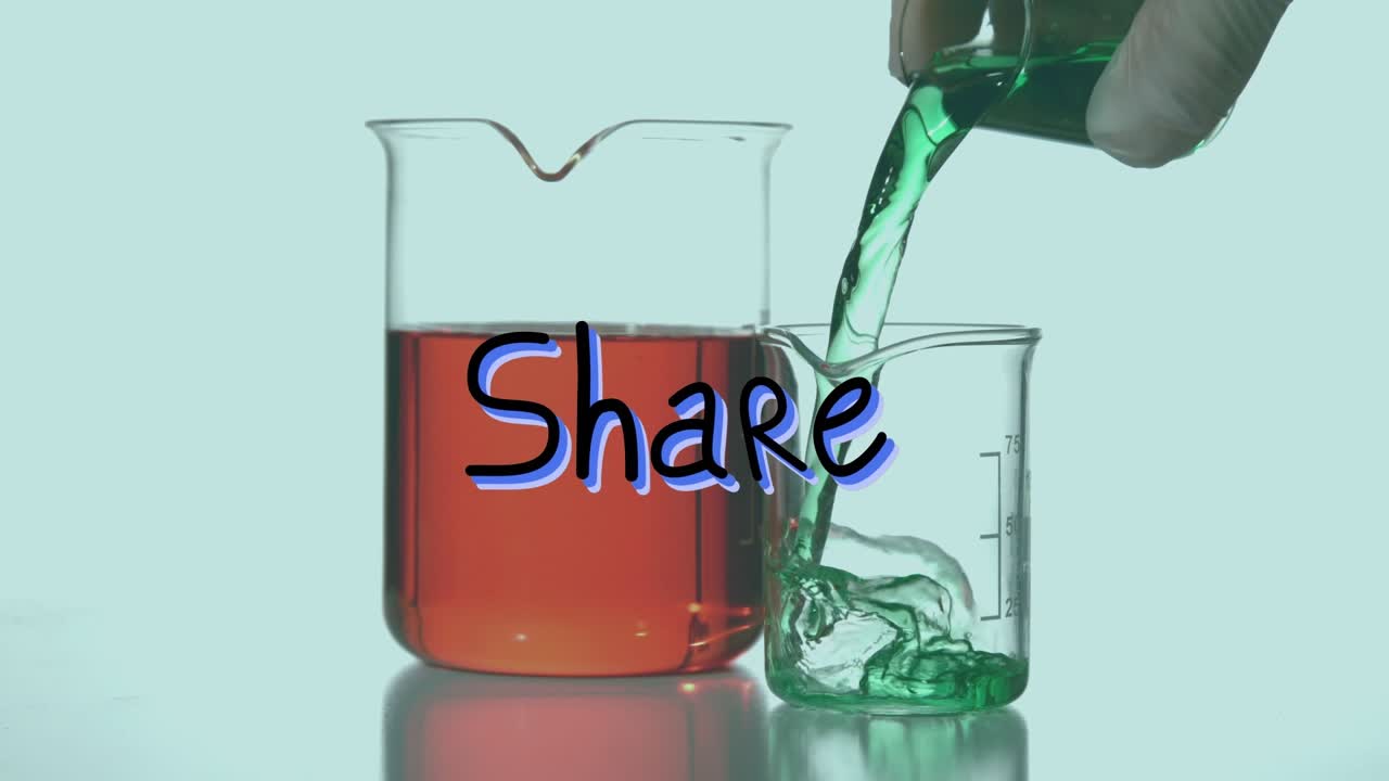 Animazione di testo di condivisione su becher con liquido