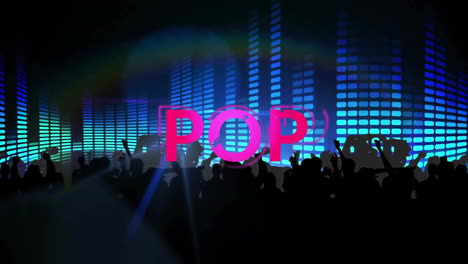 animation of pop text over silhouettes of dancing people and flashing lights on black background