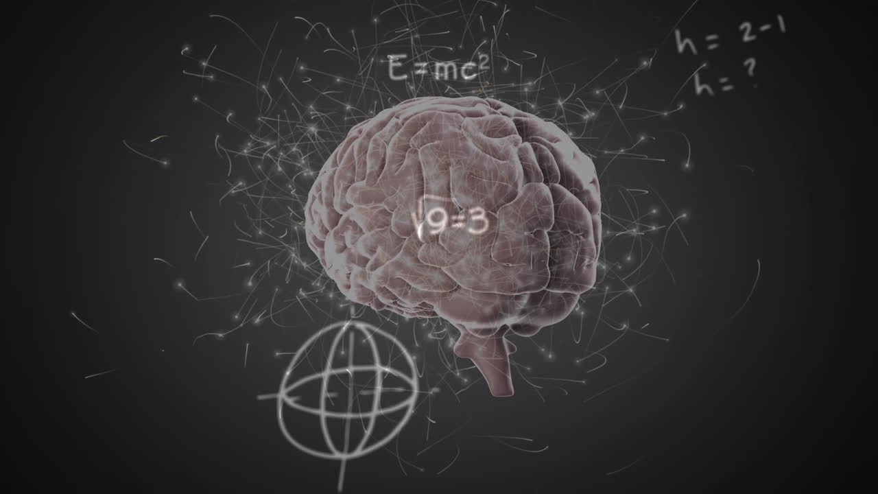 animación de ecuaciones matemáticas con cerebro 3d y conexiones de red