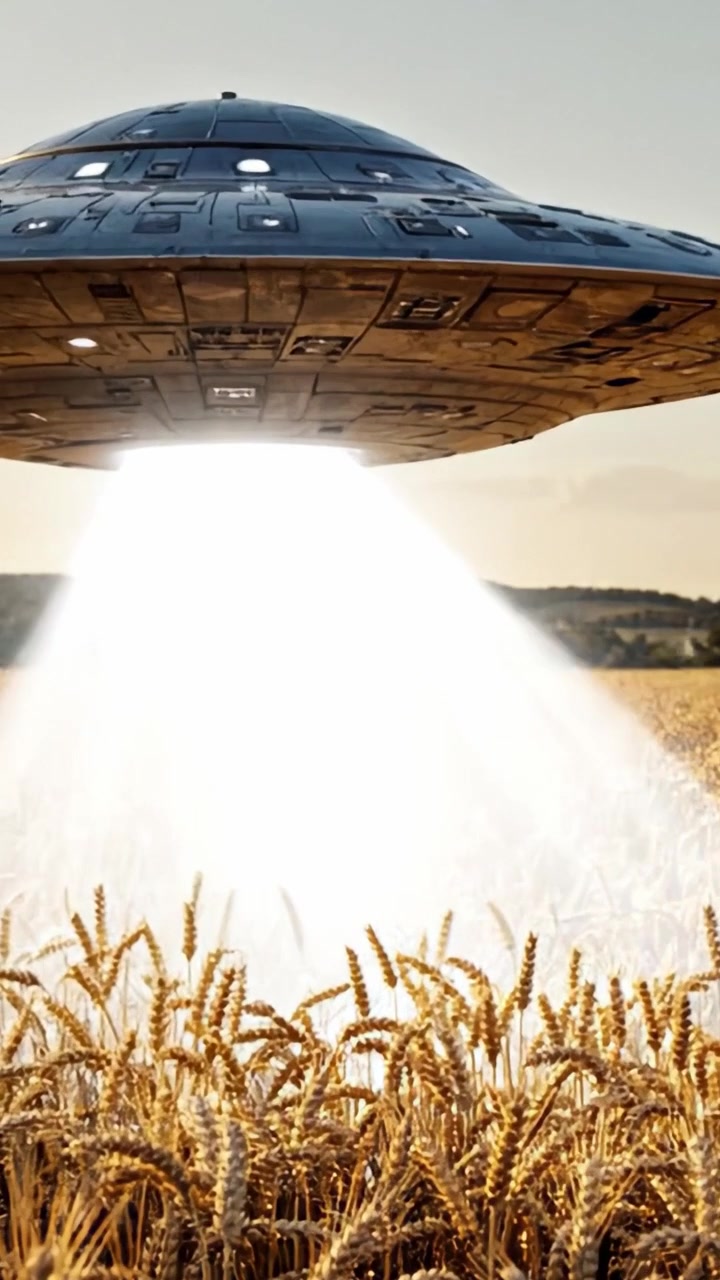 Et mystisk UFO-fartøy daler ned over en gyllen hveteåker, og lyser opp landskapet med sin lysstråle i en scene av utenomjordisk møte.