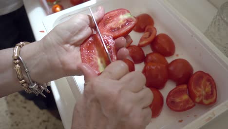 새로 뽑은 토마토를 조각으로 잘라 토마토 소스를 준비합니다.