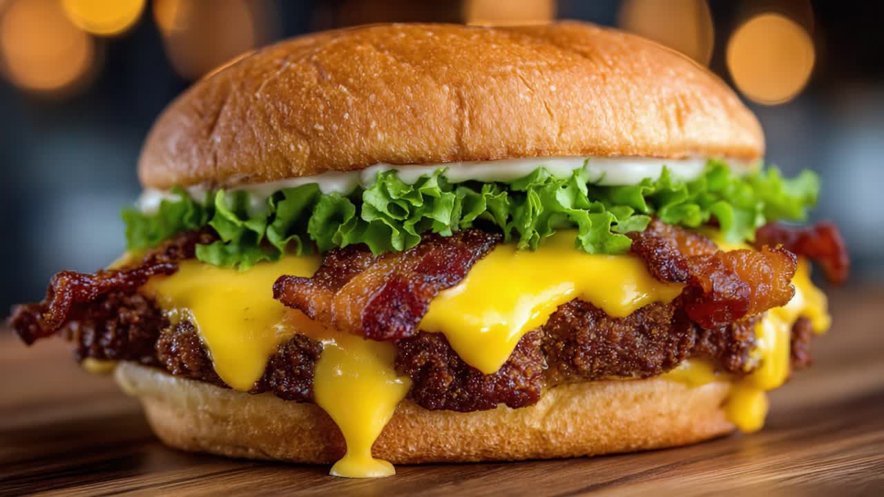 カリカリベーコン、新鮮なレタス、クリーミーなソースが挟まれた、食欲をそそるチーズバーガー。ふわふわのバンズに完璧に盛り付けられ、美味しい食事体験を演出します。
