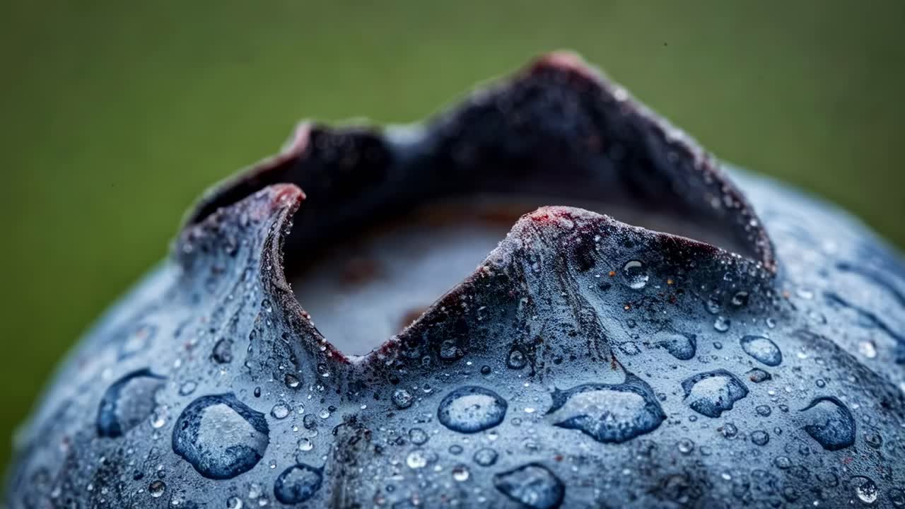 Close-up view of water droplets on a dark flower bud in a lush green background during early morning