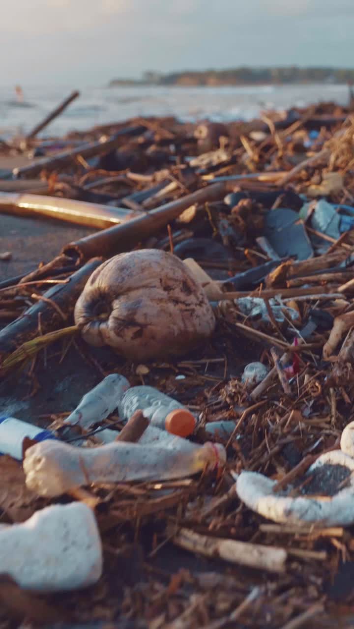 Plastic garbage and waste along with branches lie on polluted beach on ocean