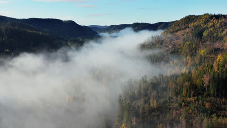 Aerial-drone-view-over-hills-and-foliage-forest,-foggy,-autumn-day,-in-South-Norway