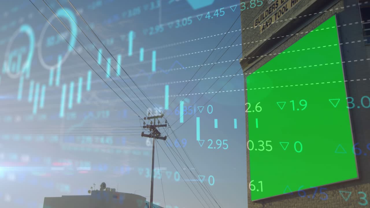 Urban corner billboard and pole initiating stock charts animating for market trend visualization