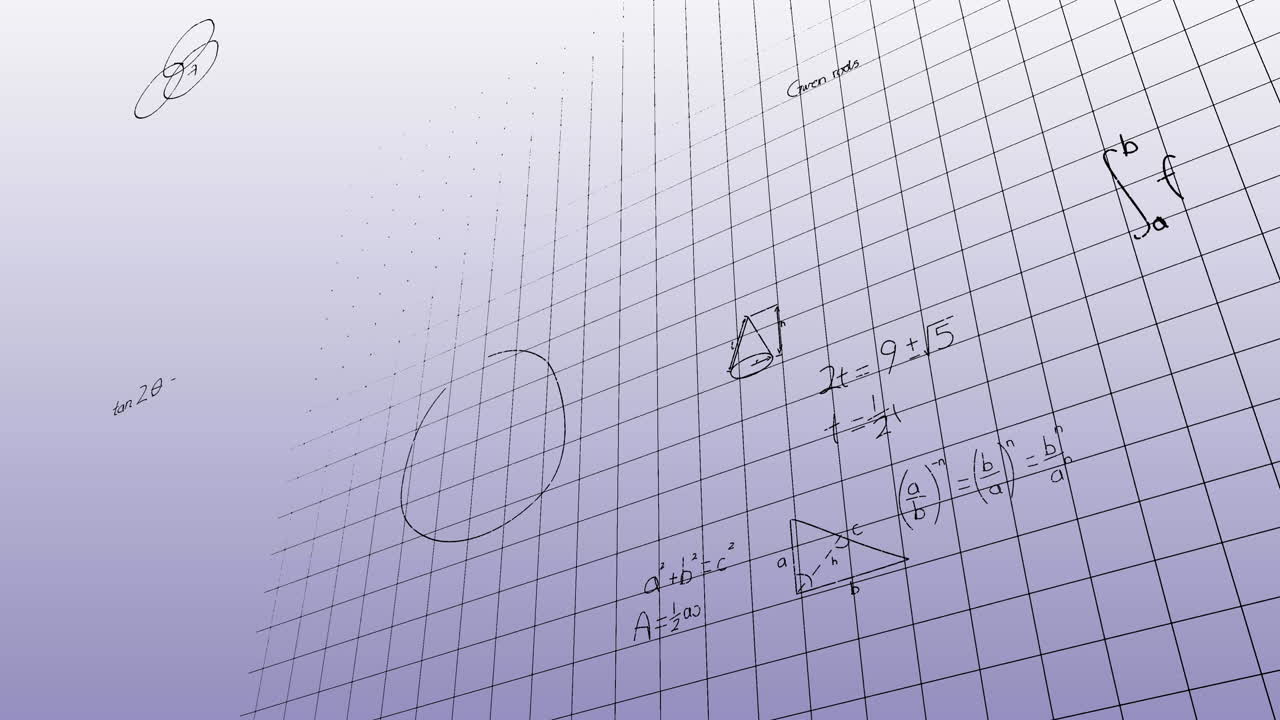 Animation of mathematical equations floating over grid network against blue gradient background