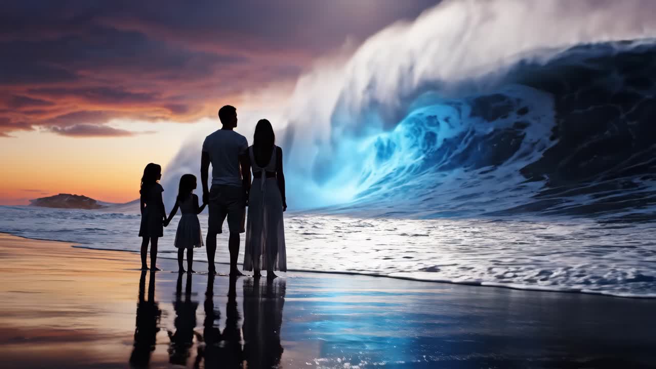 Family Watching a Large Wave at Sunset