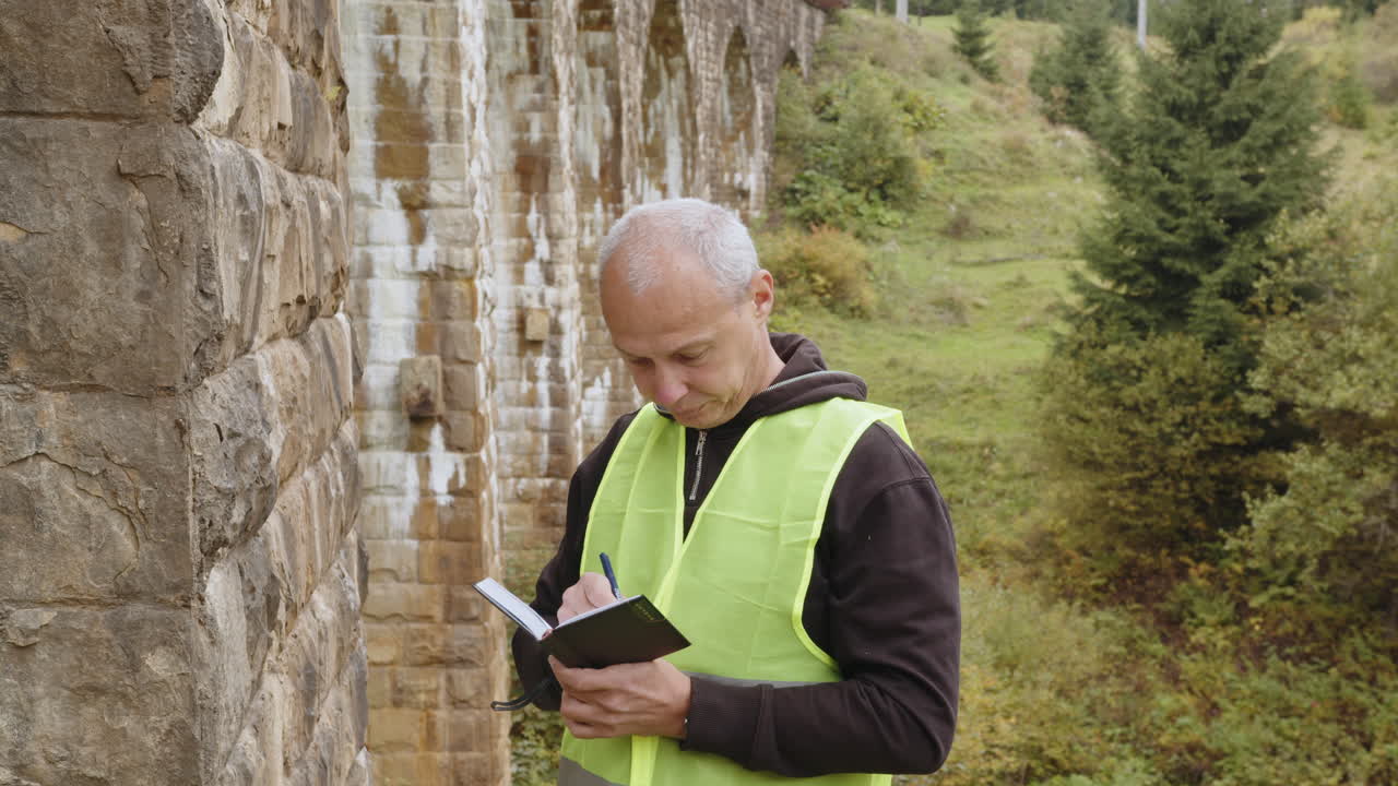 trabajador inspeccionando la estructura del puente en una zona montañosa