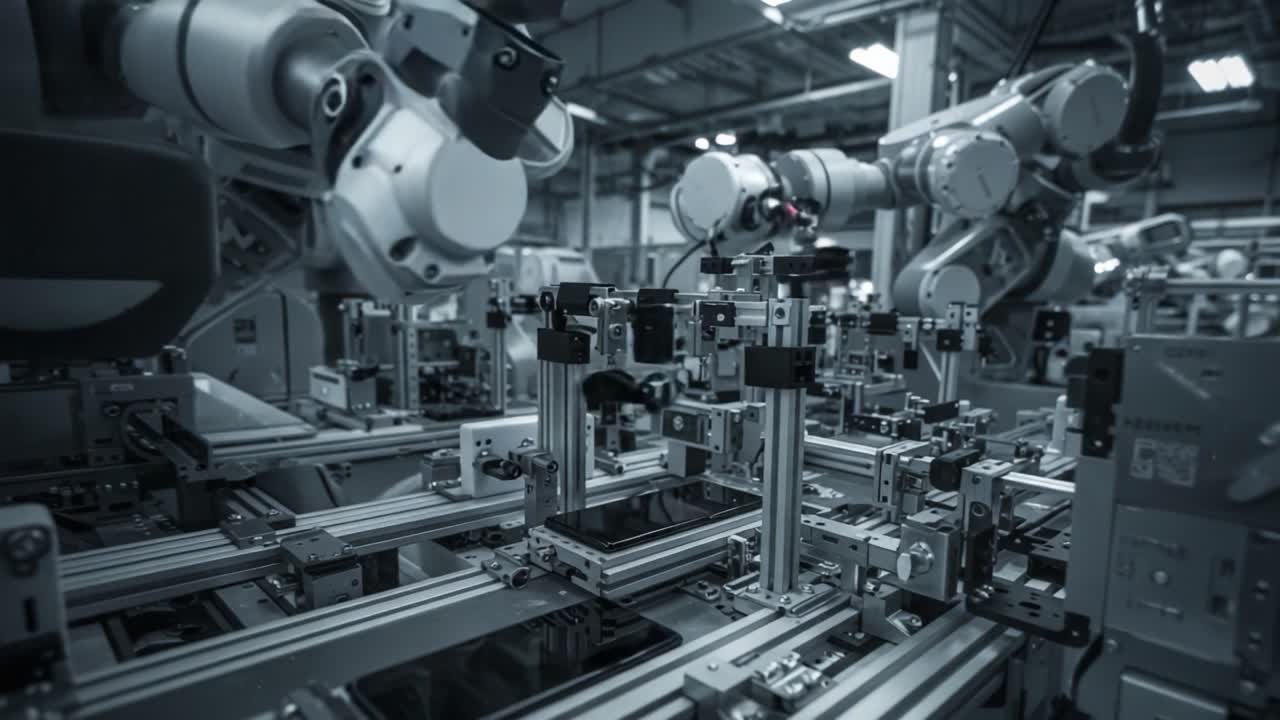 Advanced Robotic Manufacturing System: A Close-Up Look at Automation Technology in a High-Tech Production Facility with Integrated Robotic Arms and Precision Equipment