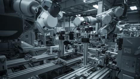 advanced robotic manufacturing system: a close-up look at automation technology in a high-tech production facility with integrated robotic arms and precision equipment