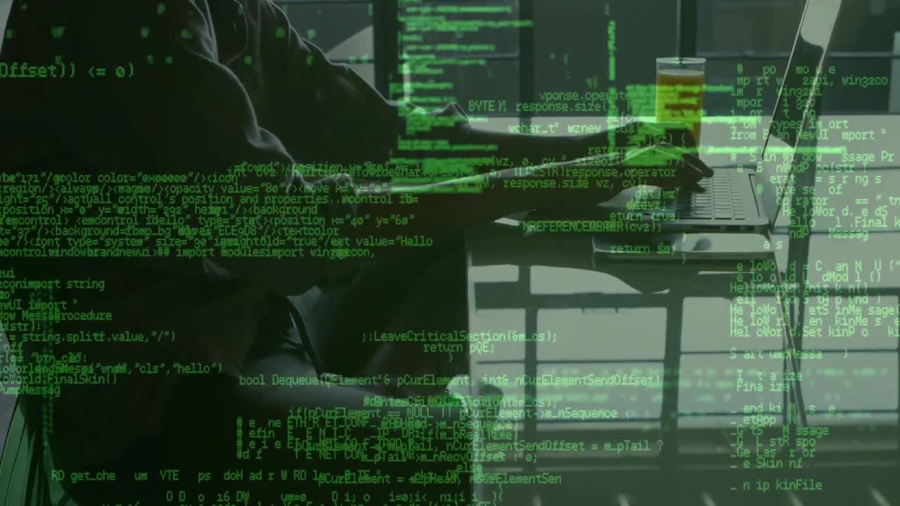 animación del procesamiento de datos sobre un hombre de negocios afroamericano que usa una computadora portátil