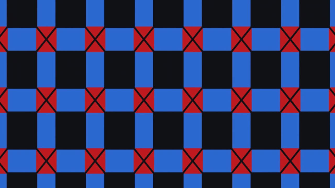 Bold Retro Checkerboard Animation Featuring Alternating Blue and Black Squares Accented with Red X Marks Ideal for Seamless Slide Backgrounds Motion Graphics Textile Patterns and Digital Visual Design